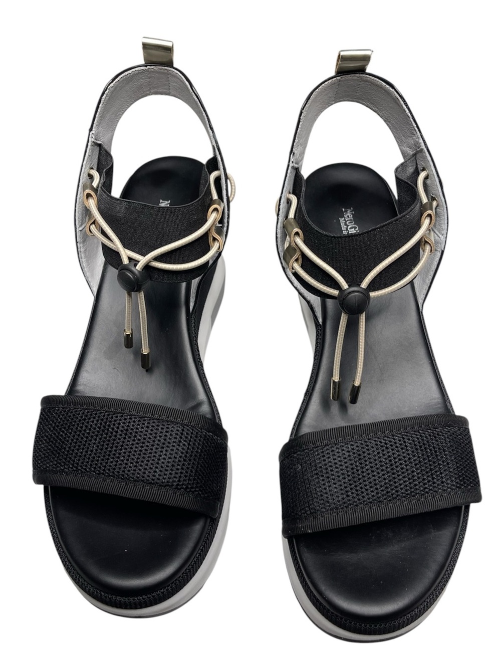 NecroGiardini Black Wedge Sandals with Elastic Ankle Strap and Metallic Accents - Picture 3 of 6